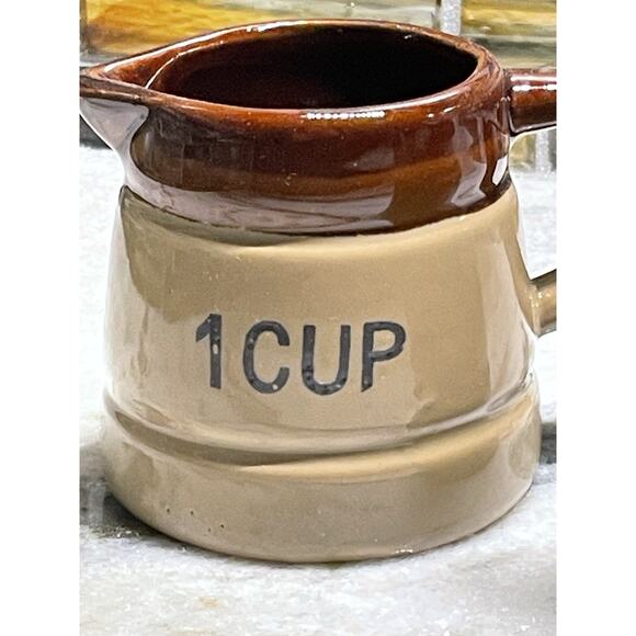 Set Of 4 Vintage Farmhouse Stoneware Brown Glaze Ceramic Measuring Cups - Picture 2 of 7